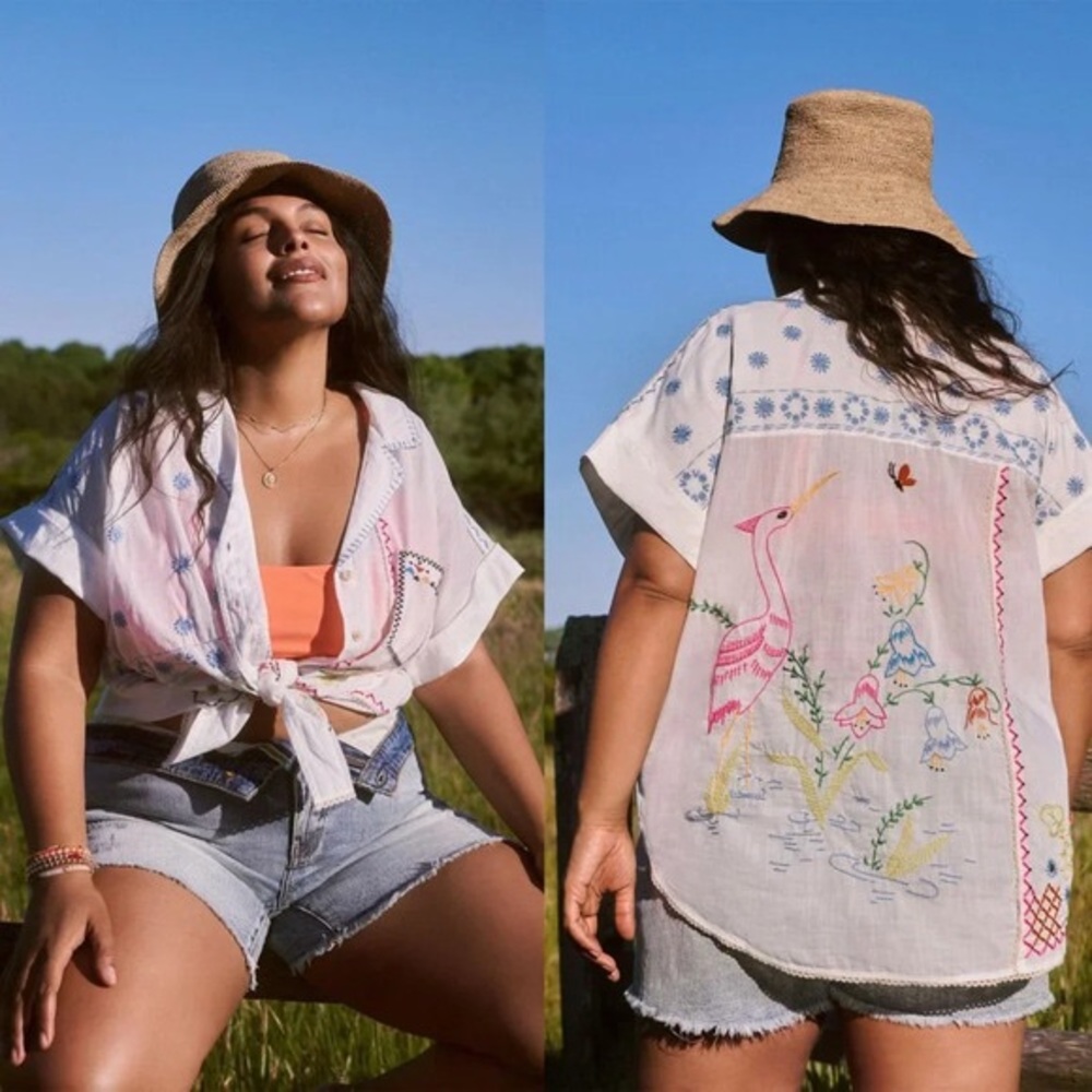 Pilcro White Embroidered Short-Sleeve Tie-Front Blouse with Pink Accents